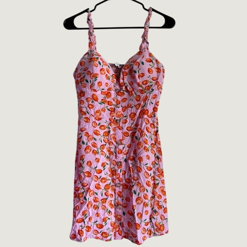 AUW Pink Orange Fruit‎ Print Button Front Mini Dress Smocked Back Large Boho